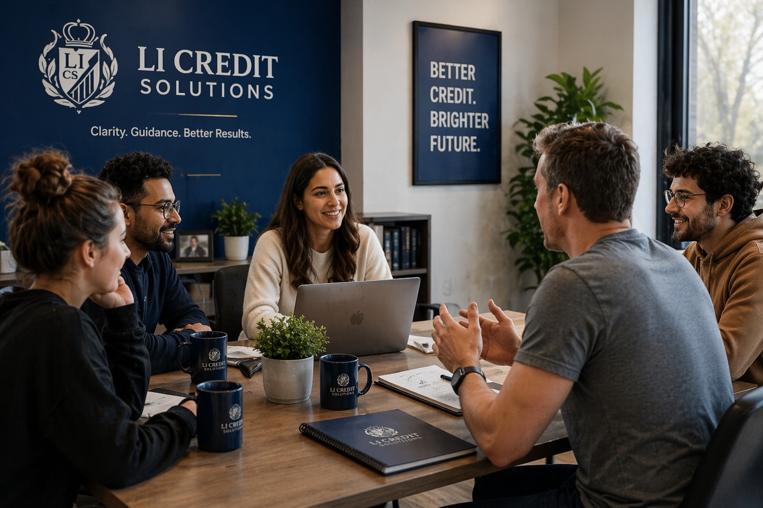 LI Credit Solutions team meeting in branded office conference room with clients discussing strategy, laptops, notebooks, and company signage, representing trusted credit repair experts and customer support.
