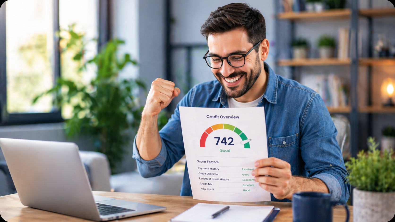 Smiling man celebrating while holding 742 credit overview report beside laptop in home office, representing better credit score improvement, financial confidence, and successful credit repair progress.