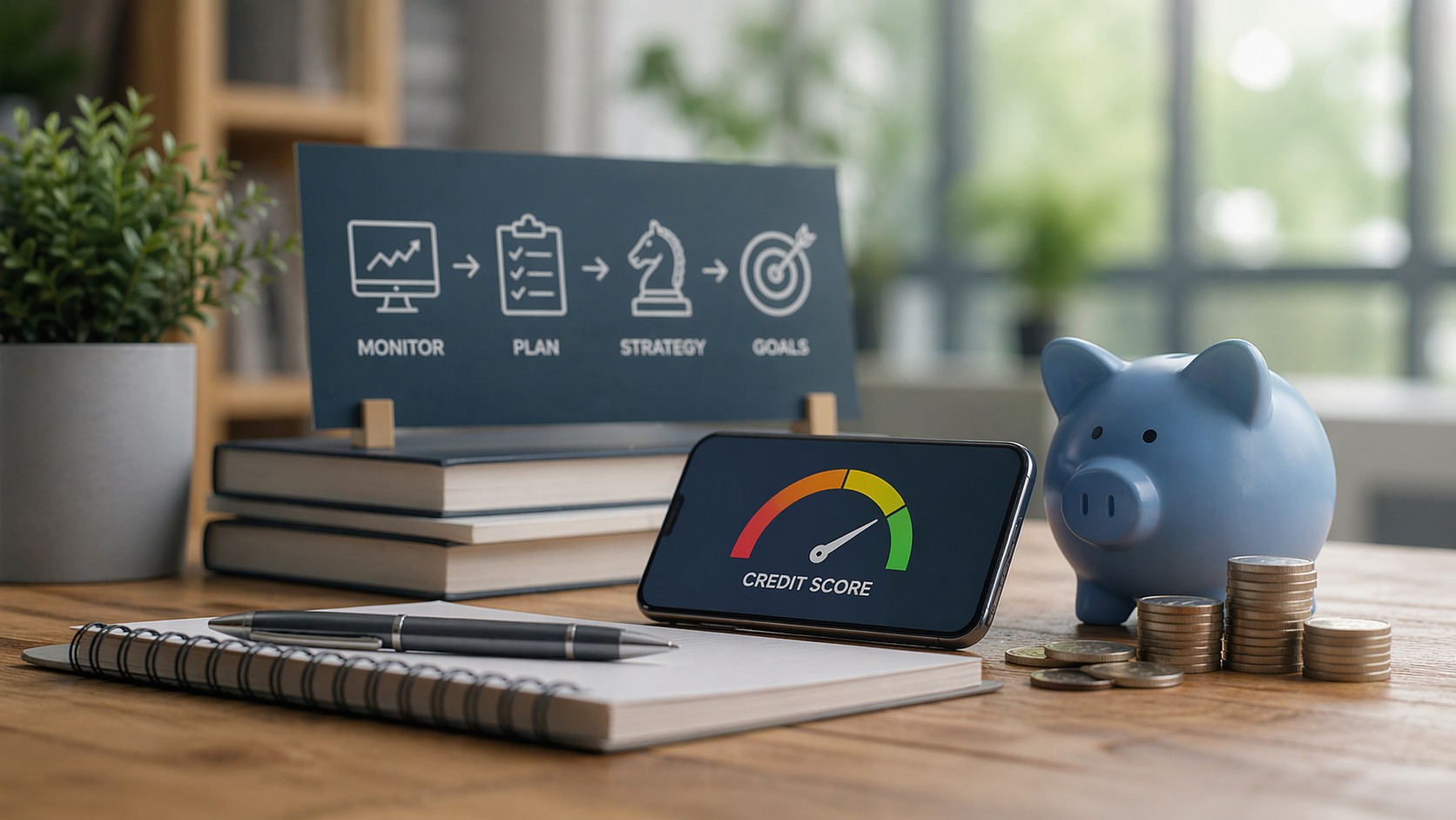 Smartphone displaying credit score gauge beside piggy bank, coins, notebook, and planning board showing monitor, plan, strategy, goals, representing credit monitoring for financial planning.