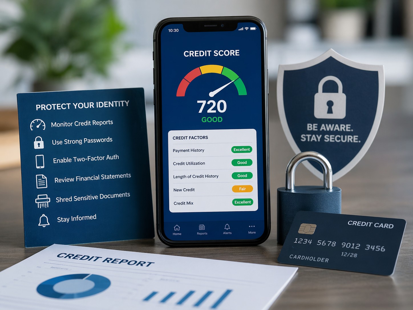 Smartphone showing 720 credit score beside lock, shield, credit card, and identity protection checklist, representing identity theft protection, credit awareness, and secure financial habits.