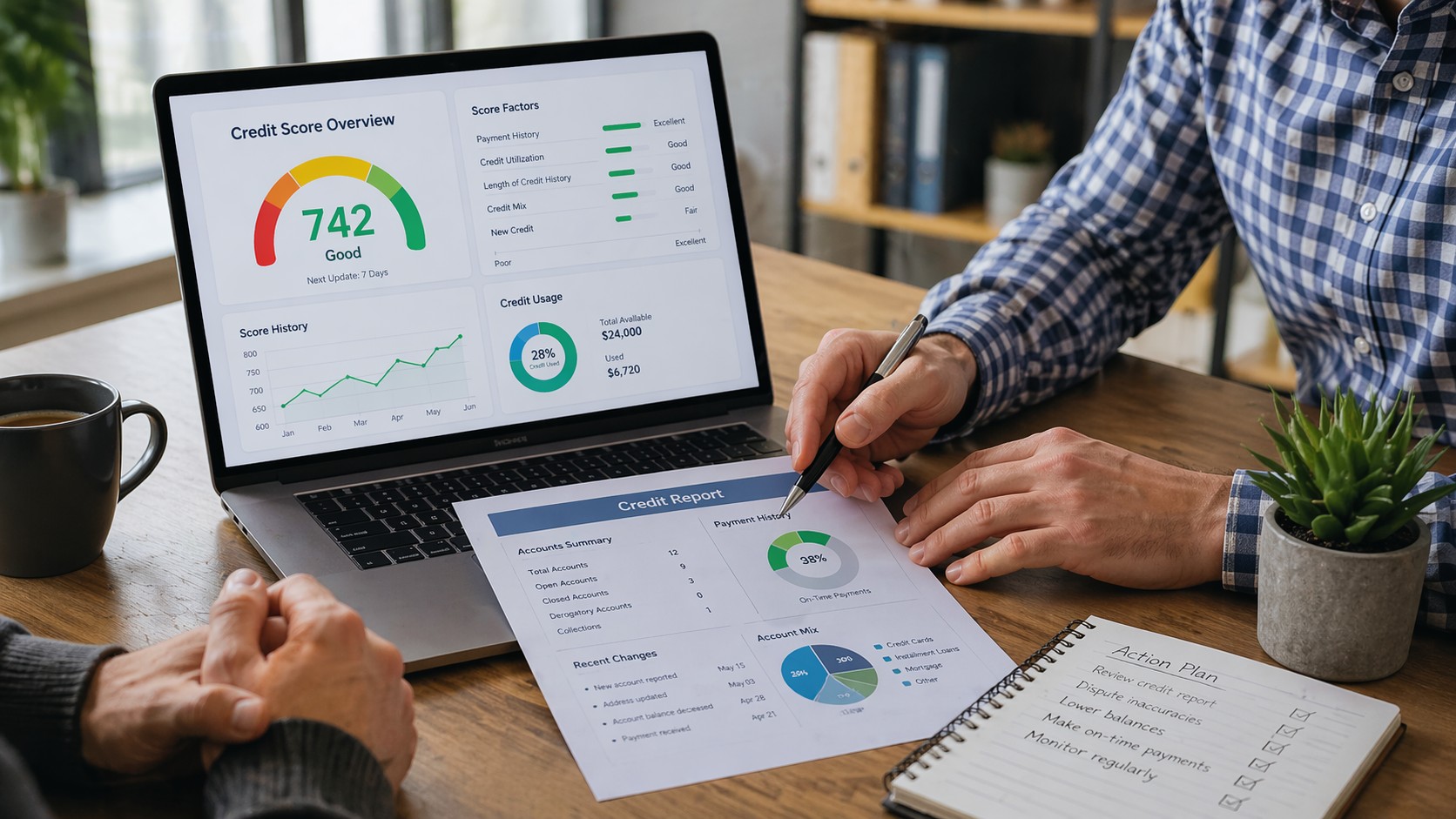 Laptop and printed credit report showing 742 score with upward trends while clients review action plan, representing ways to improve your credit score through smart financial habits.