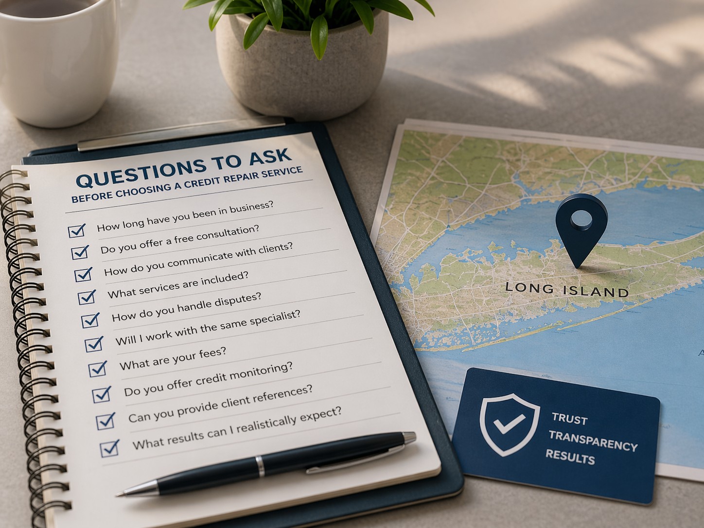 Checklist of questions to ask before choosing a credit repair service beside Long Island map and trust card, representing Long Island credit repair guidance, local service research, and consumer transparency.