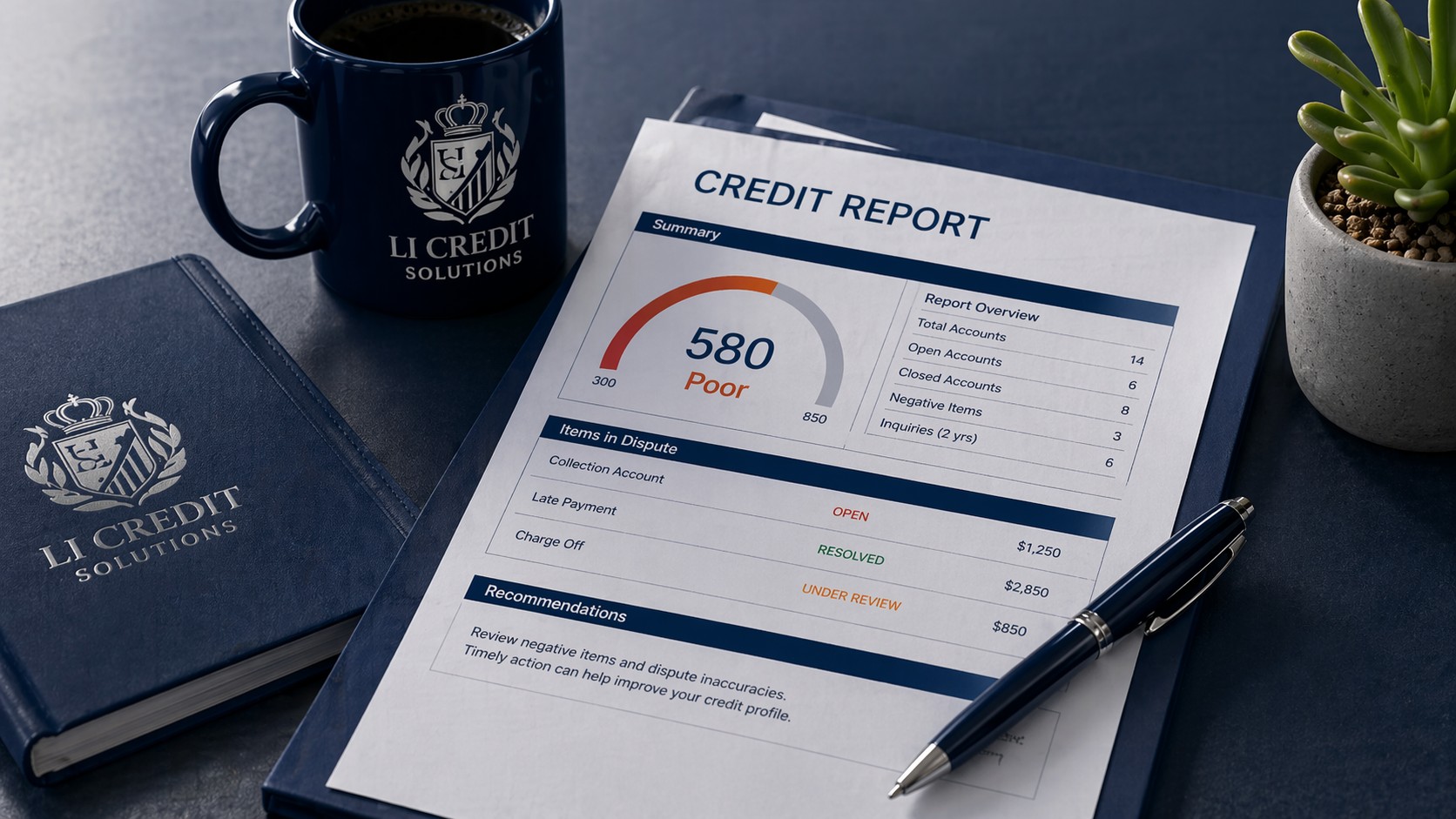 Credit report showing 580 poor score with negative items in dispute beside LI Credit Solutions folder, mug, and pen, representing negative item review, dispute strategy, and credit repair consultation.
