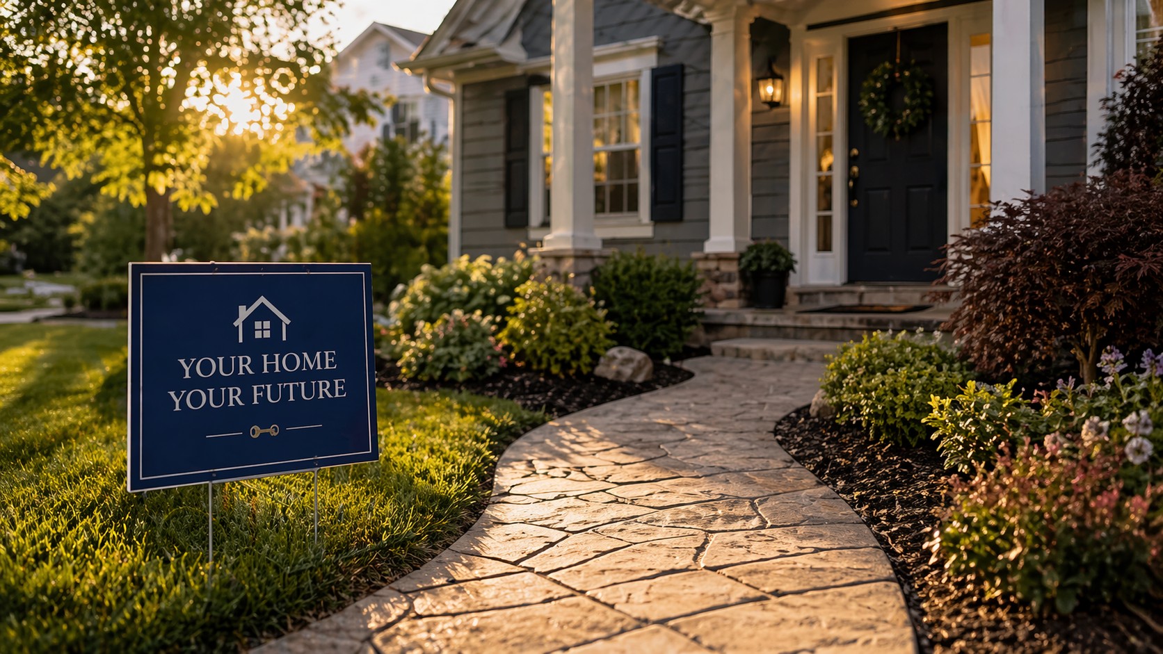 Beautiful suburban home with yard sign reading your home your future, representing preparing for homeownership, mortgage readiness, and credit improvement for buying a house.