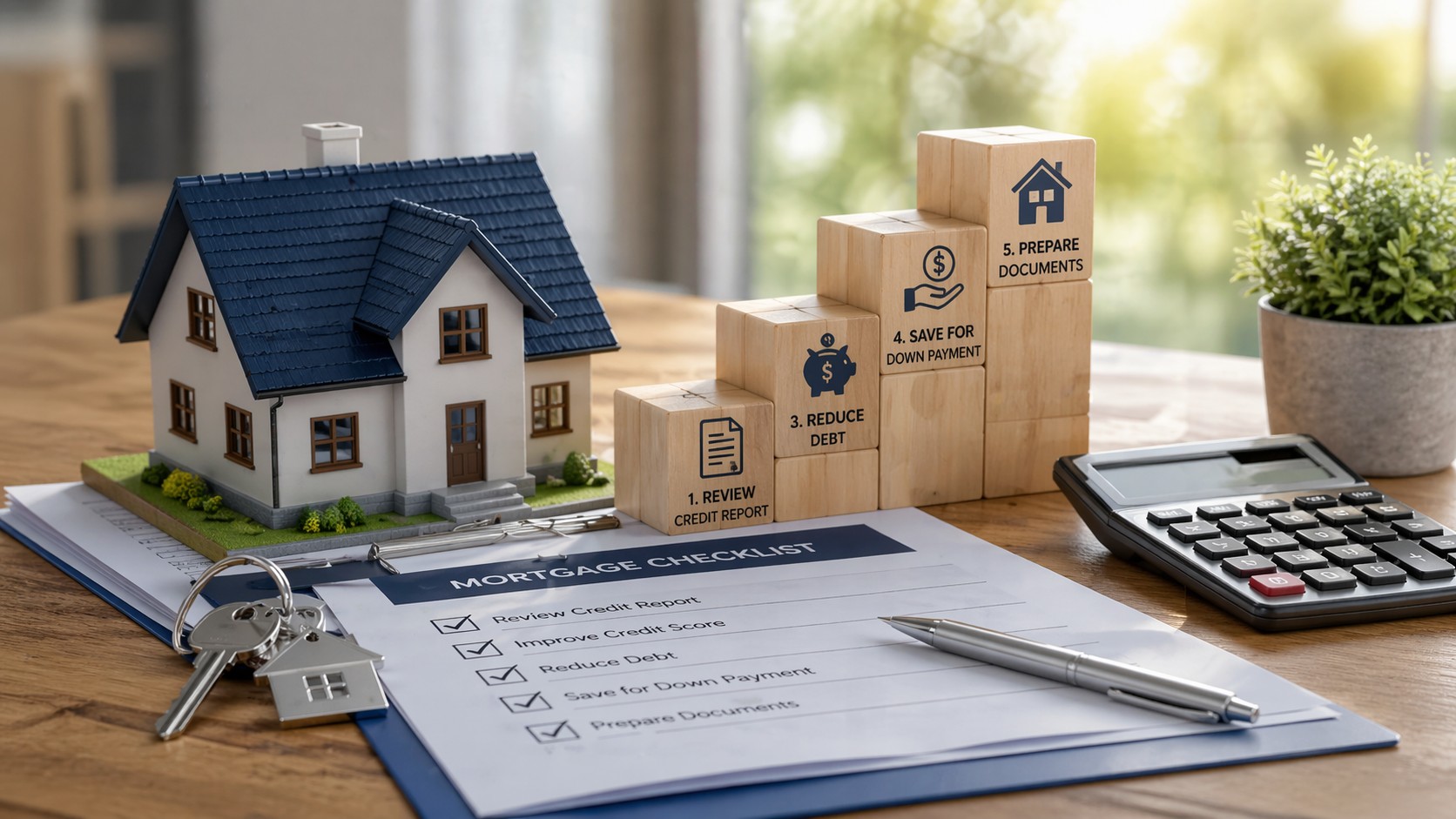 Model home, keys, calculator, and step blocks beside mortgage checklist, representing preparing for a mortgage with credit challenges through planning and financial readiness.