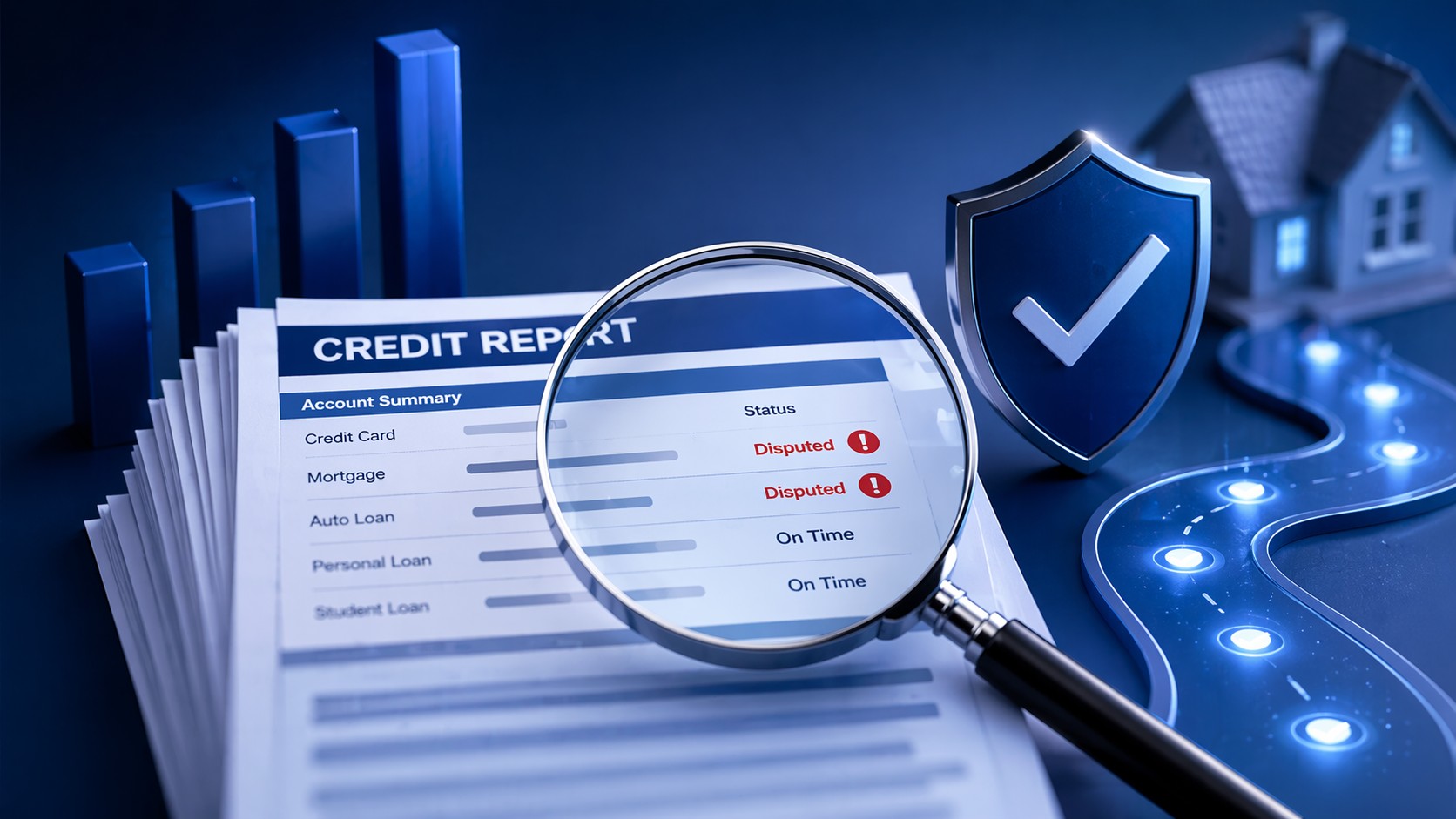 Credit report under magnifying glass with disputed items highlighted beside shield icon, representing understanding credit report errors, dispute review, and correcting inaccuracies.