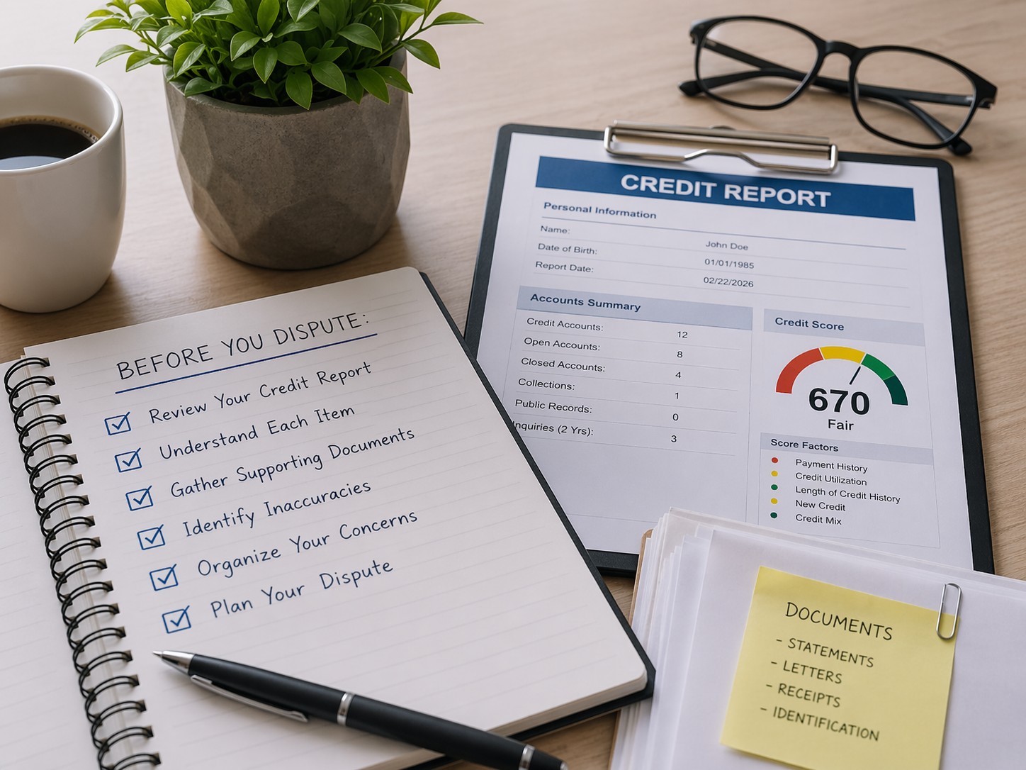 Notebook checklist beside 670 credit report and organized documents, representing what to do before disputing negative items, preparation, and smarter dispute strategy.